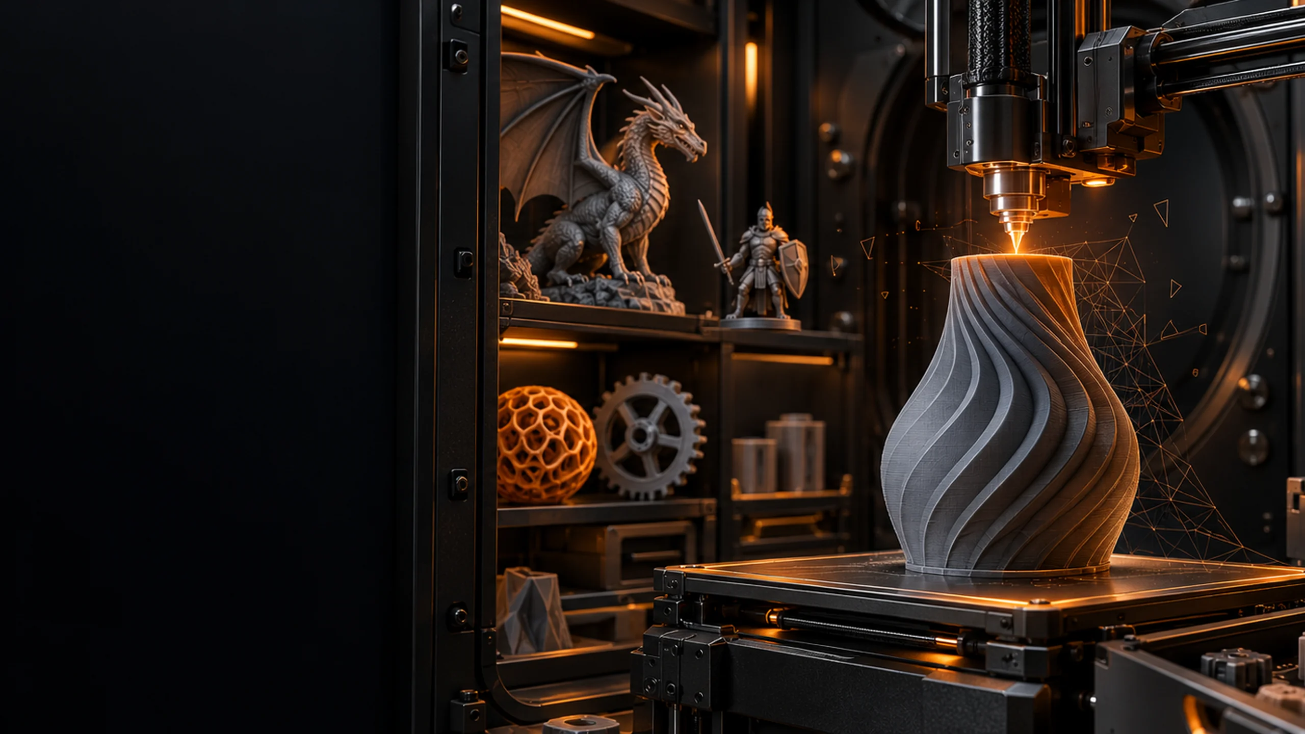Impressora 3D produzindo um vaso ao lado de uma coleção de modelos