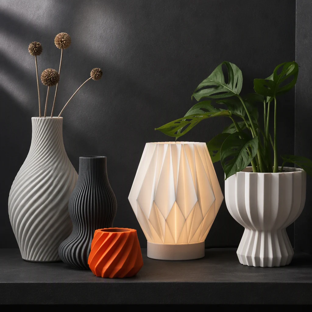 Vasos, luminária e cachepô impressos em 3D sobre uma mesa escura